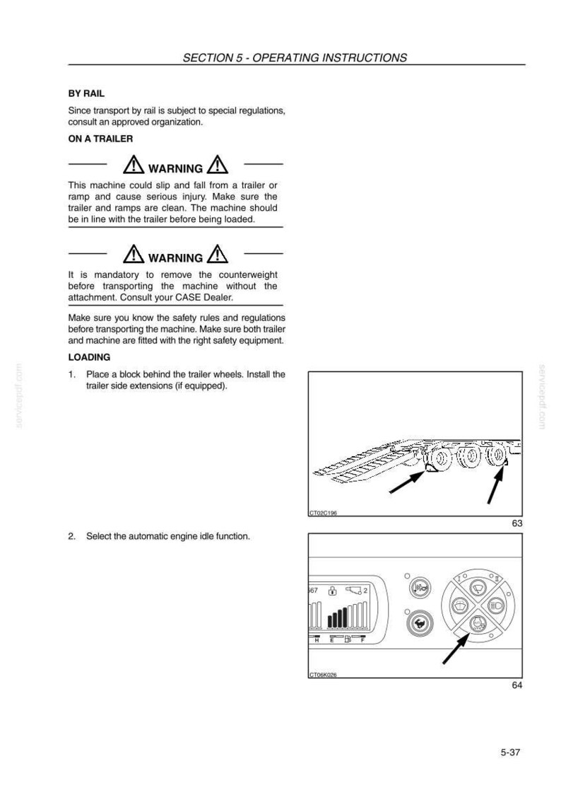 May include: Operating instructions page with diagrams. The page includes warnings about transporting machinery by rail and on a trailer. Diagrams show a trailer with arrows pointing to the wheels and a control panel with various settings.