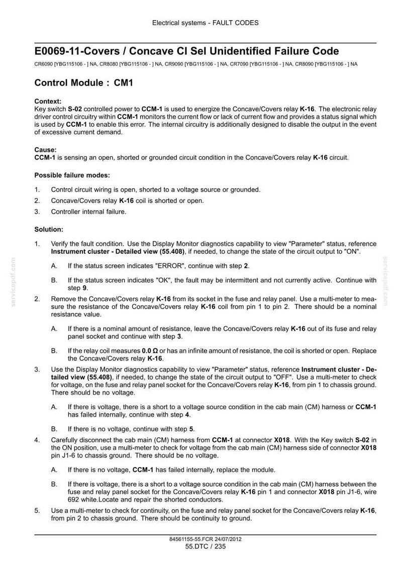 May include: A technical document titled Electrical systems - FAULT CODES, detailing E0069-11-Covers / Concave CI Sel Unidentified Failure Code for Control Module CM1. It lists context, causes, failure modes, and five numbered troubleshooting steps.