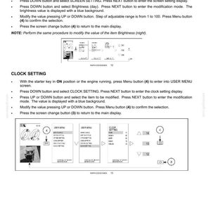 May include: A technical manual page titled 3-CONTROLS/INSTRUMENTS detailing instructions for SCREEN SETTING and CLOCK SETTING. The document includes numbered diagrams showing menu navigation, button functions, and display screens for vehicle settings.