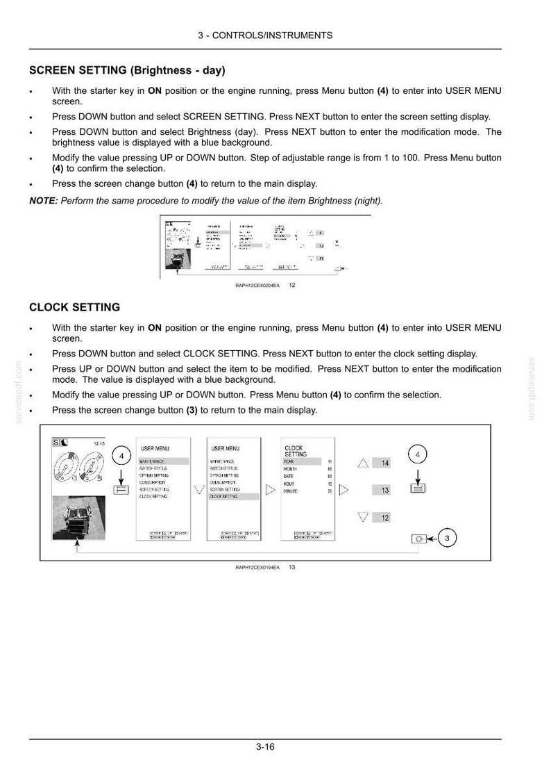 May include: A technical manual page titled 3-CONTROLS/INSTRUMENTS detailing instructions for SCREEN SETTING and CLOCK SETTING. The document includes numbered diagrams showing menu navigation, button functions, and display screens for vehicle settings.