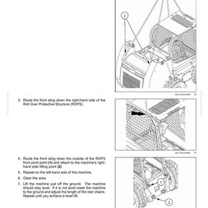 Puede incluir: Una p&aacute;gina de manual t&eacute;cnico titulada 5 - TRANSPORT OPERATIONS que presenta tres dibujos lineales en blanco y negro que muestran instrucciones para levantar una minicargadora con eslingas y cadenas, incluyendo etiquetas numeradas.