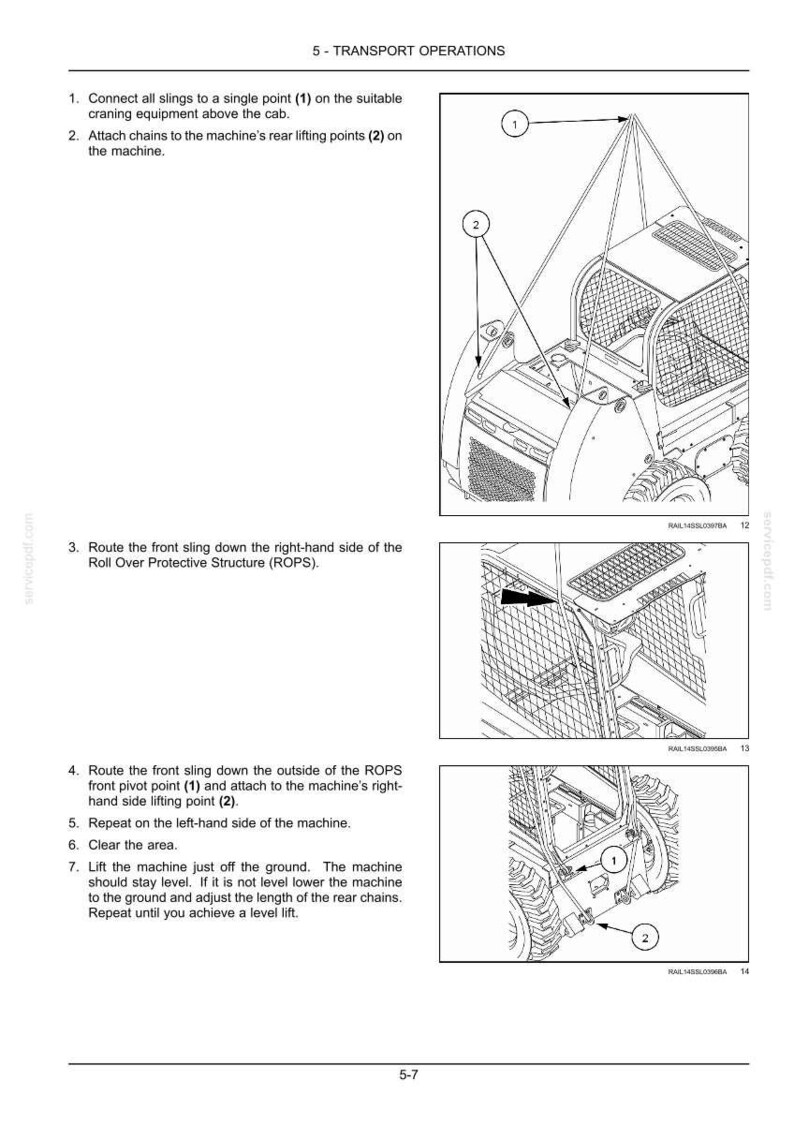 Puede incluir: Una p&aacute;gina de manual t&eacute;cnico titulada 5 - TRANSPORT OPERATIONS que presenta tres dibujos lineales en blanco y negro que muestran instrucciones para levantar una minicargadora con eslingas y cadenas, incluyendo etiquetas numeradas.