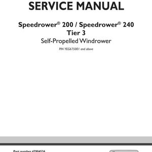 Puede incluir: Una portada de manual de servicio blanca con el t&iacute;tulo "SERVICE MANUAL" en letras negras en negrita. Debajo, se lee "Speedrower 200 / Speedrower 240 Tier 3 Self-Propelled Windrower". El logotipo de New Holland Agriculture est&aacute; en la esquina inferior derecha.