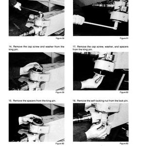 May include: A black and white diagram with instructions for mechanical assembly. The text includes steps for loosening and removing screws, washers, and spacers from a king pin and lock pin. Figures 58, 59, 60, 61, 62, and 63 are shown.