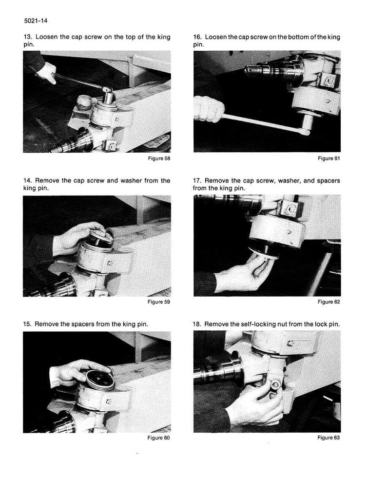 May include: A black and white diagram with instructions for mechanical assembly. The text includes steps for loosening and removing screws, washers, and spacers from a king pin and lock pin. Figures 58, 59, 60, 61, 62, and 63 are shown.