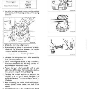 May include: Diagram of a swing relief pressure adjustment procedure, including engine speed, oil temperature, and measurement pressure specifications. Illustrations show component assembly and disassembly steps for maintenance.
