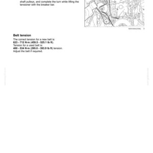 May include: A page from a maintenance manual with instructions on belt tension. The text includes steps for removing and installing a belt, along with tension specifications in both Newton-meters and pound-feet. An illustration shows the belt and pulleys.