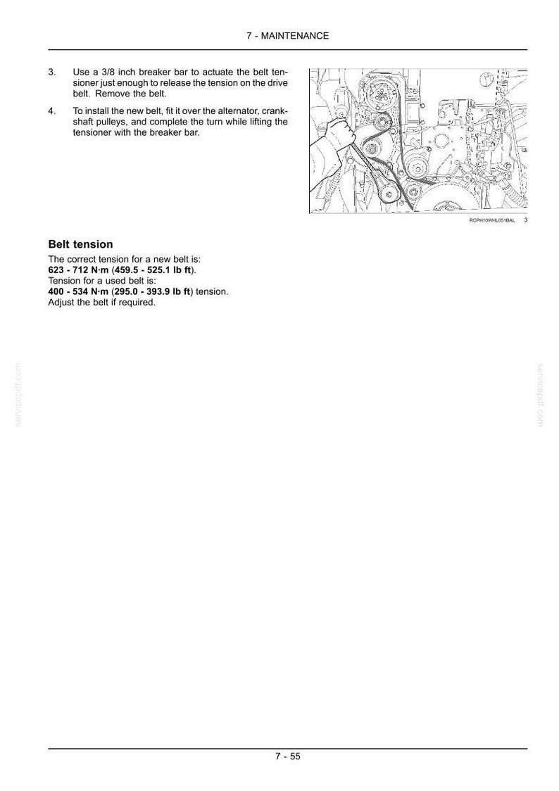 May include: A page from a maintenance manual with instructions on belt tension. The text includes steps for removing and installing a belt, along with tension specifications in both Newton-meters and pound-feet. An illustration shows the belt and pulleys.