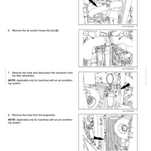 May include: Diagram of an engine aftercooler with instructions for removing hoses and connectors. The image includes close-up views of engine components, with arrows pointing to specific parts. Text includes numbered steps and notes about air conditioning systems.