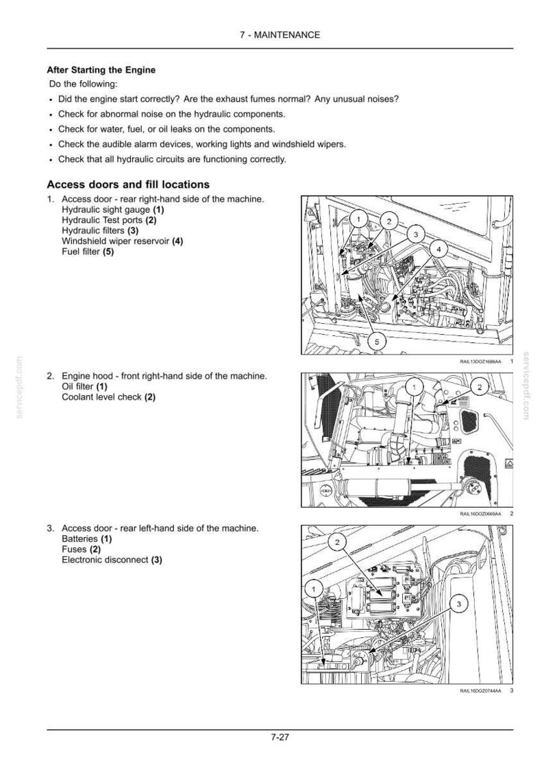 May include: A technical maintenance manual page titled 7-MAINTENANCE, featuring black and white line drawings of machinery components. It includes numbered diagrams for access doors, fill locations, hydraulic systems, and engine parts with text.