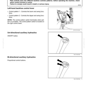 May include: Diagram of backhoe controls, including a warning about unexpected movement. Illustrations show the left-hand control lever, uni-directional, and bi-directional auxiliary hydraulics. Text details control patterns and functions.