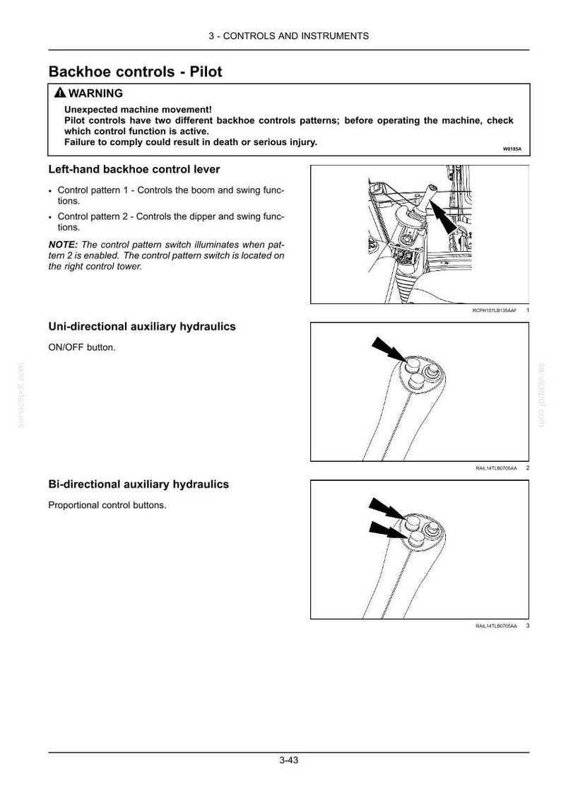 May include: Diagram of backhoe controls, including a warning about unexpected movement. Illustrations show the left-hand control lever, uni-directional, and bi-directional auxiliary hydraulics. Text details control patterns and functions.