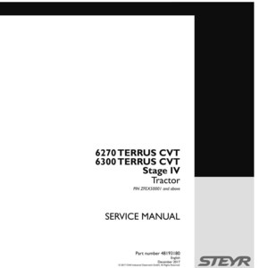 May include: A white service manual cover for a 6270 Terrus CVT and 6300 Terrus CVT Stage IV tractor. The text includes the model names, PIN ZFEX50001 and above, part number 48193180, December 2017 date, and the Steyr brand logo in the bottom right corner.