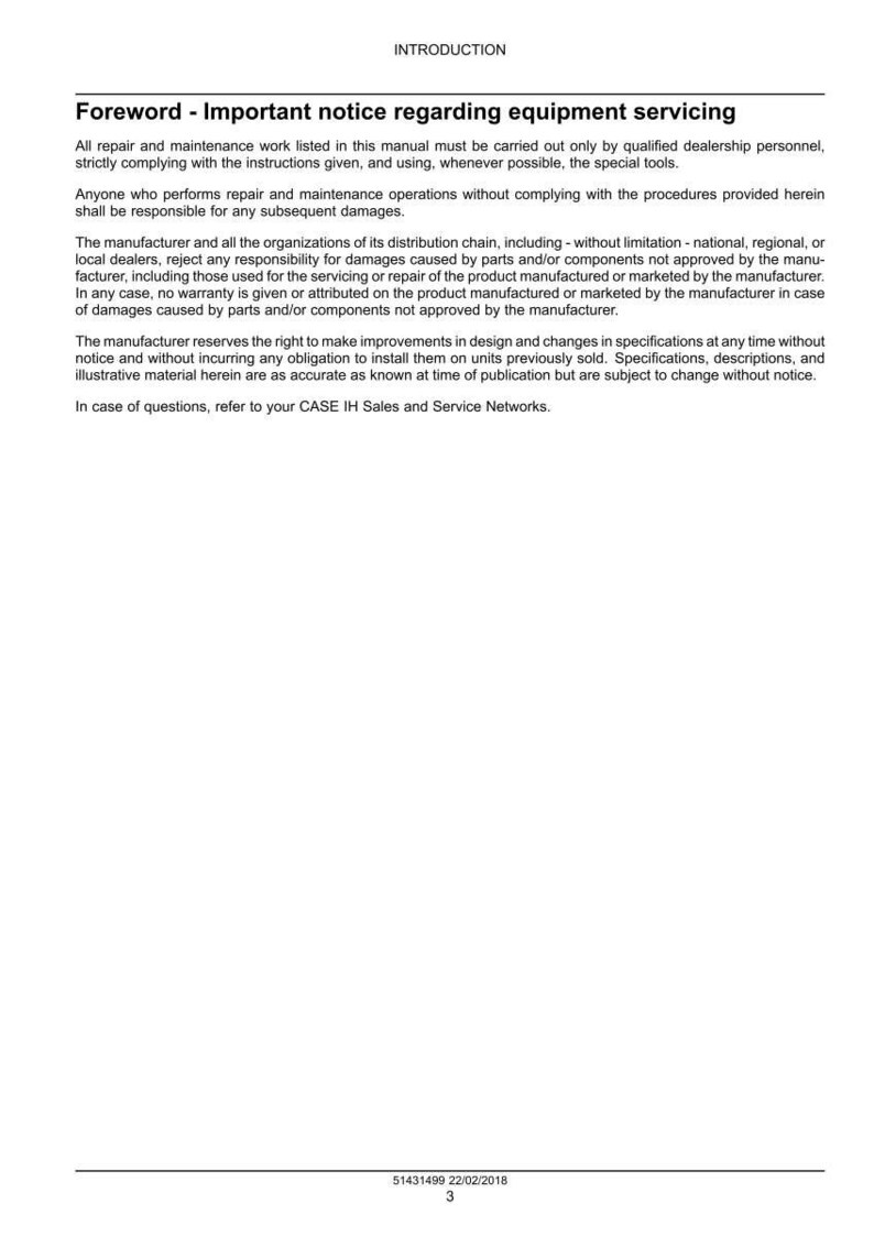 May include: A page from a manual with the title "Foreword - Important notice regarding equipment servicing." The text details instructions for repair and maintenance, emphasizing qualified personnel and approved parts. The bottom of the page includes a date and page number.