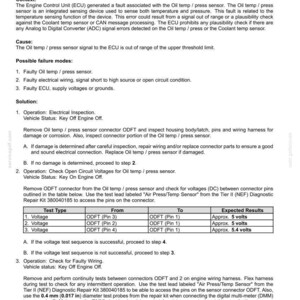 May include: A diagnostic document detailing fault codes for an oil temperature sensor. The text includes troubleshooting steps, voltage checks, and connector pin diagrams. The document is dated April 27, 2017.