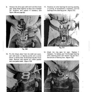 May include: A page from a manual with the "DROTT CRAWLER" logo and the word "HYDRAULICS" at the top. The page contains four images with instructions on removing and examining parts, including gears and bearings. Text and figures are included.