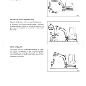 May include: Diagrams illustrating excavator operation, including cylinder usage, continuous operation avoidance, and hose swelling. Text includes warnings about potential damage and the importance of proper operation.