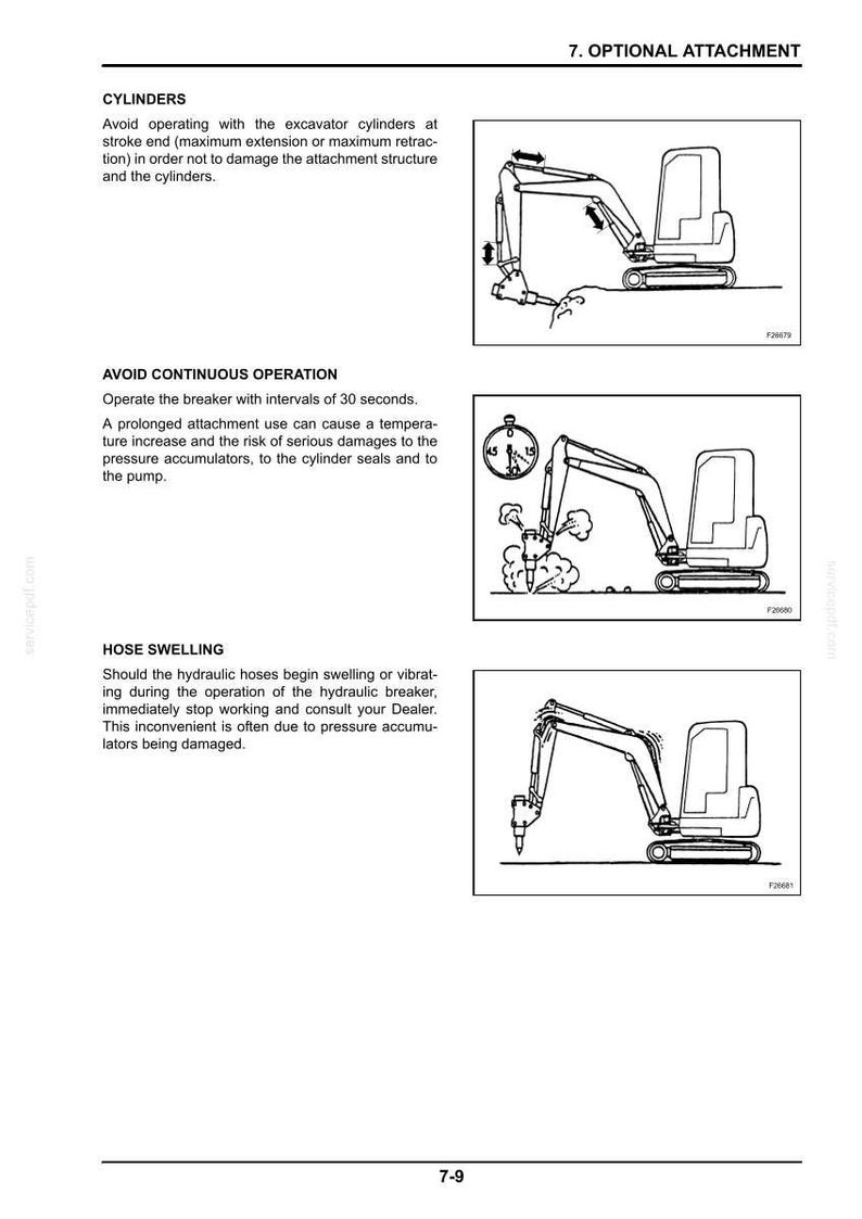 May include: Diagrams illustrating excavator operation, including cylinder usage, continuous operation avoidance, and hose swelling. Text includes warnings about potential damage and the importance of proper operation.