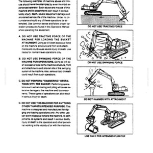May include: A technical document page titled Section I- SAFETY PRECAUTIONS, 1.9 PROHIBITED MACHINE OPERATION. It features four black and white line drawings of an excavator with X marks over incorrect actions: tractive force, swinging force, hammering, and misuse.