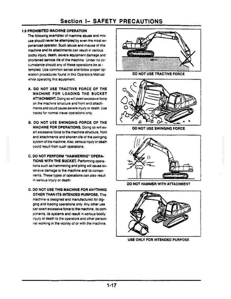 May include: A technical document page titled Section I- SAFETY PRECAUTIONS, 1.9 PROHIBITED MACHINE OPERATION. It features four black and white line drawings of an excavator with X marks over incorrect actions: tractive force, swinging force, hammering, and misuse.