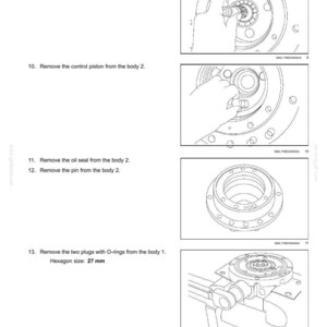 Op de afbeelding: Technische tekening van hydraulische systeemcomponenten, waaronder een as, een regelzuiger, een oliekeerring, een pin en pluggen met O-ringen. De zeskantmaat van de pluggen is 27 mm.