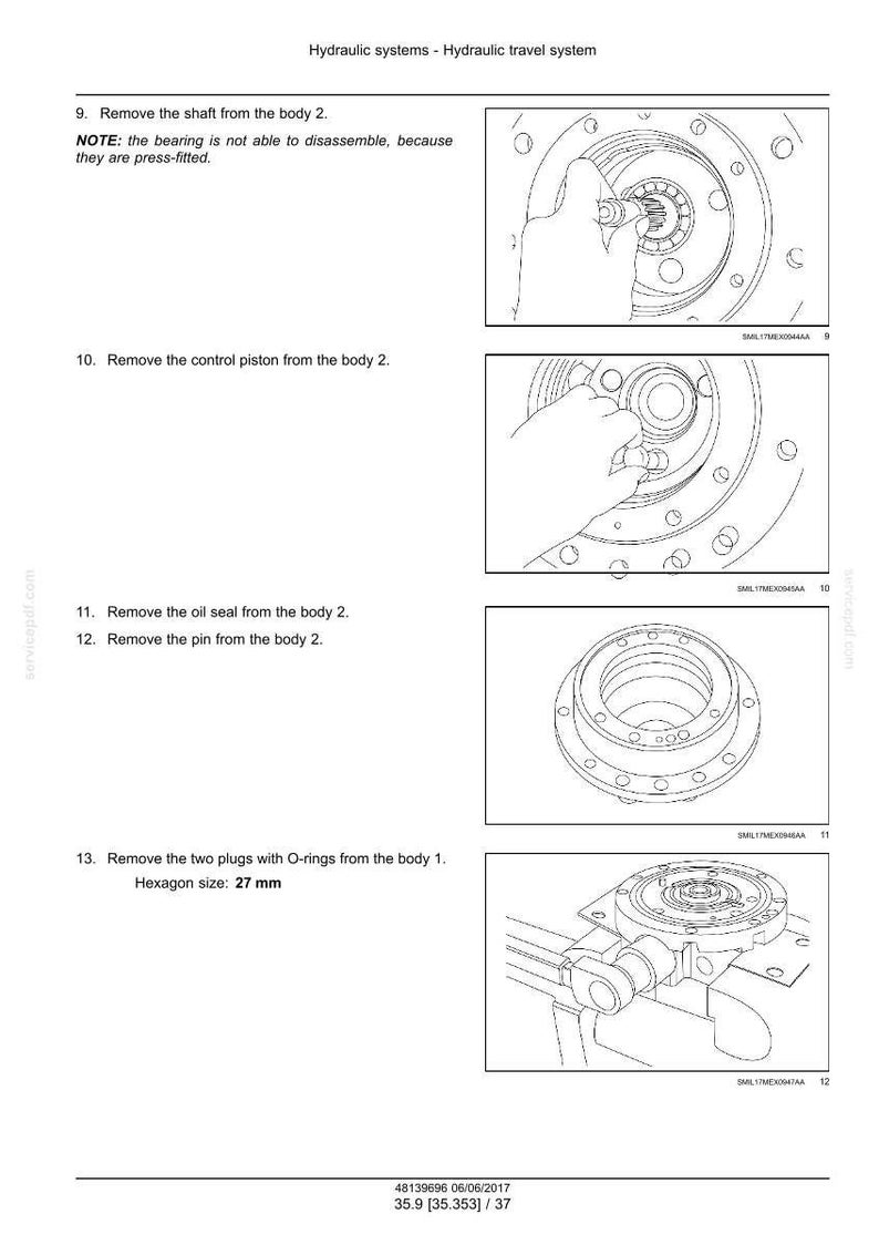 Op de afbeelding: Technische tekening van hydraulische systeemcomponenten, waaronder een as, een regelzuiger, een oliekeerring, een pin en pluggen met O-ringen. De zeskantmaat van de pluggen is 27 mm.