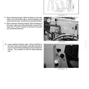 May include: A technical manual page titled 2-SAFETY INFORMATION featuring three black and white diagrams. The images illustrate safety procedures for road travel, including work light hoods, a boom blocking bracket, a boom extension bracket, and a stabilizer blocking cable, all labelled with numbered indicators.