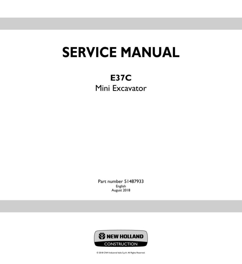 May include: A white service manual cover with the title "SERVICE MANUAL" in bold black letters. Below, it reads "E37C Mini Excavator." The bottom of the cover includes the New Holland Construction logo.