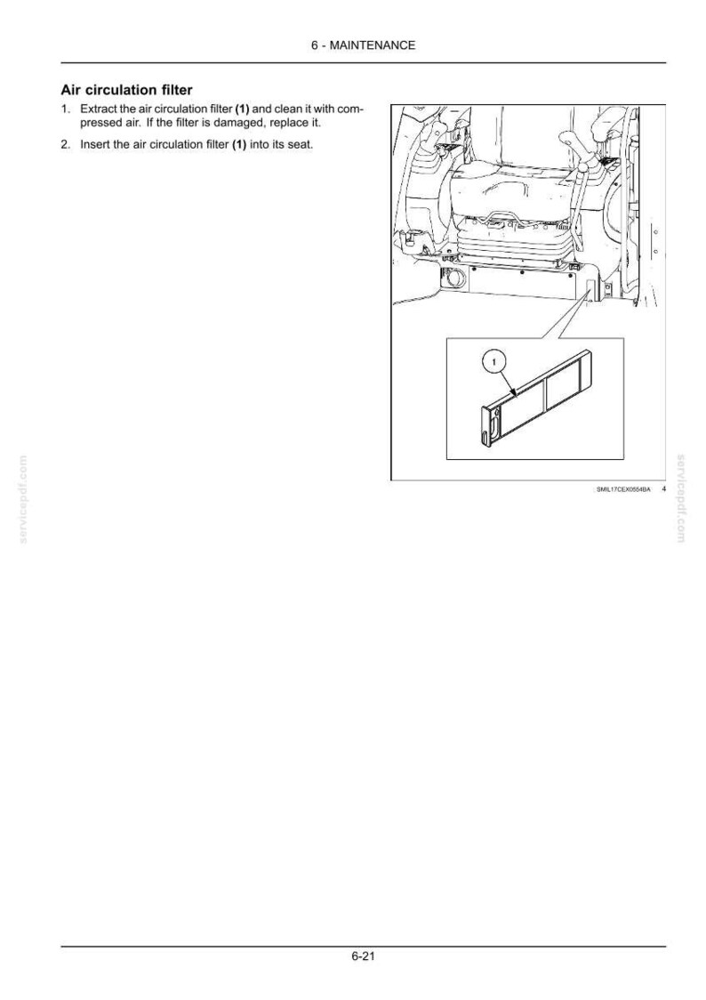 May include: Diagram of an air circulation filter, labeled (1), with instructions for maintenance. The image includes a detailed view of the filter and its location within a vehicle's interior.