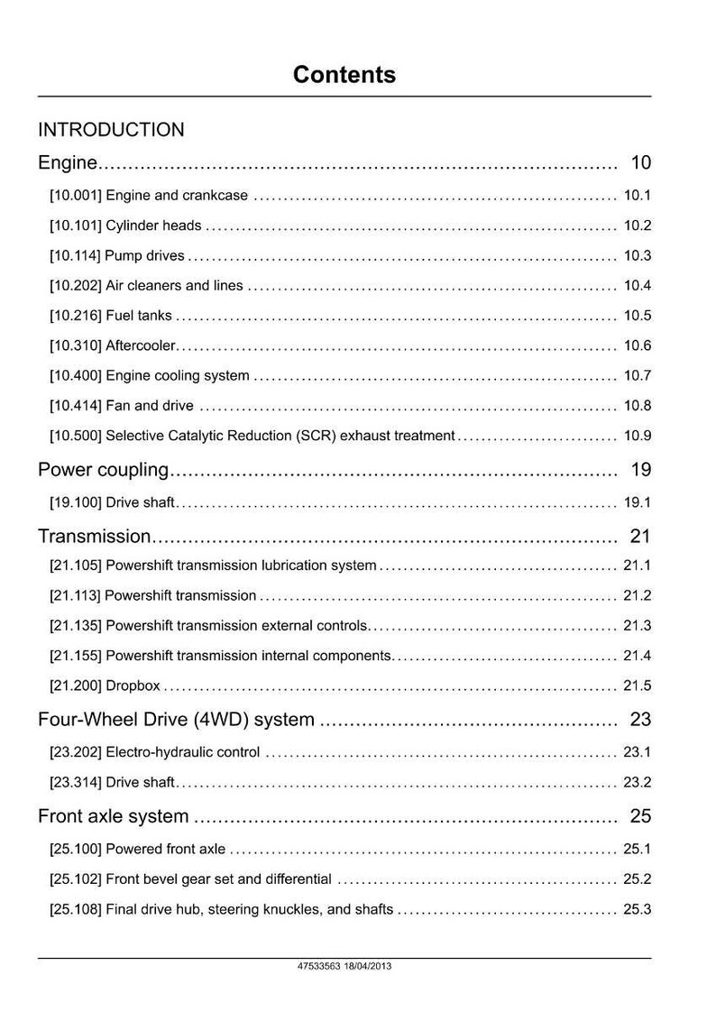May include: A page from a manual titled "Contents" with a list of engine and vehicle system components. The document includes sections on the engine, transmission, and four-wheel drive system, with page numbers.