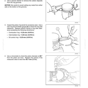 May include: Diagram of engine pistons and connecting rods with instructions for inspection. Includes measurements in inches and millimeters. The image shows tools and steps for checking piston ring lands and diameter.