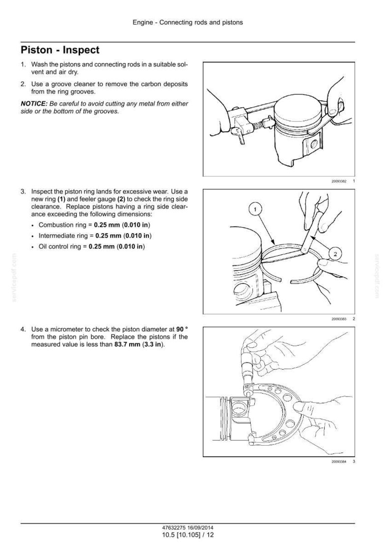 May include: Diagram of engine pistons and connecting rods with instructions for inspection. Includes measurements in inches and millimeters. The image shows tools and steps for checking piston ring lands and diameter.