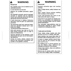 May include: A service manual page with safety warnings for the EC 270 machine. The text includes warnings about personnel, protective gear, and tools. The page is white with black text and a warning symbol.
