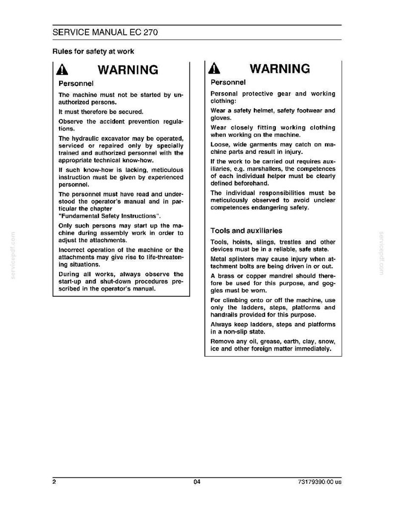 May include: A service manual page with safety warnings for the EC 270 machine. The text includes warnings about personnel, protective gear, and tools. The page is white with black text and a warning symbol.