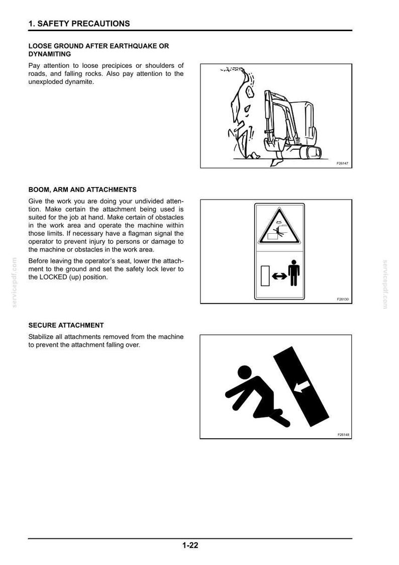 K&ouml;nnte beinhalten: Seite aus einem Sicherheitshandbuch mit Illustrationen und Text. Die Illustrationen zeigen m&ouml;gliche Gefahren, darunter lockerer Untergrund, herabfallende Gegenst&auml;nde und Abst&uuml;rze aus der H&ouml;he. Der Text enth&auml;lt Sicherheitsvorkehrungen und Anweisungen f&uuml;r den Betrieb von Maschinen.