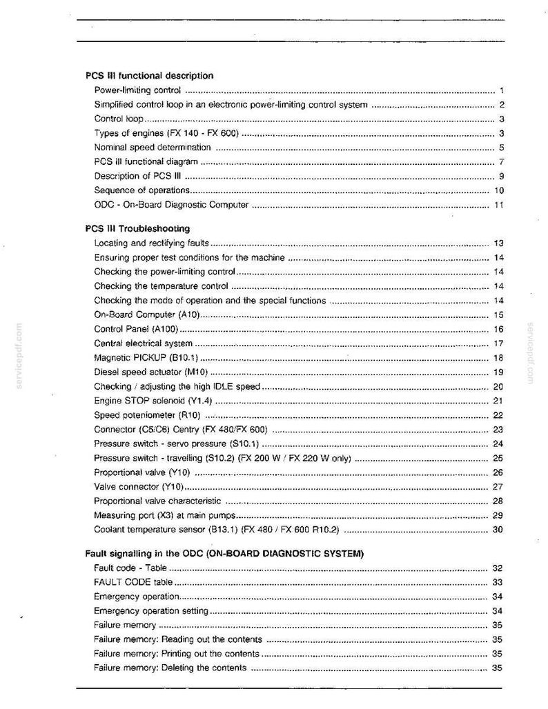 May include: A printed page from a manual with the title "PCS III functional description." The text includes sections on troubleshooting, engine types, and diagnostic systems. The page is white with black text.