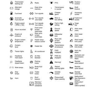 May include: Diagram of international symbols used on machinery instruments, controls, and switches. Includes symbols for fuel level, engine speed, lights, and warnings. The text "International symbols" is at the top.