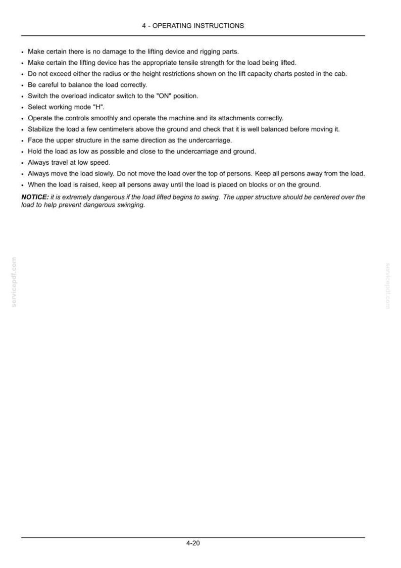 K&ouml;nnte beinhalten: Eine Dokumentenseite mit dem Titel 4 - OPERATING INSTRUCTIONS, die eine Liste von Sicherheitsrichtlinien f&uuml;r den Betrieb einer Hebevorrichtung enth&auml;lt. Der Text umfasst Anweisungen zum Ausbalancieren von Lasten, &Uuml;berlastanzeigen und Sicherheitsvorkehrungen.