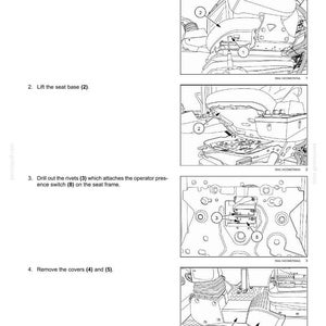 Puede incluir: Diagrama t&eacute;cnico que muestra el procedimiento para quitar un interruptor de presencia del operador. Las instrucciones incluyen quitar pernos, levantar la base del asiento, taladrar remaches y quitar cubiertas. Ilustraci&oacute;n t&eacute;cnica detallada.