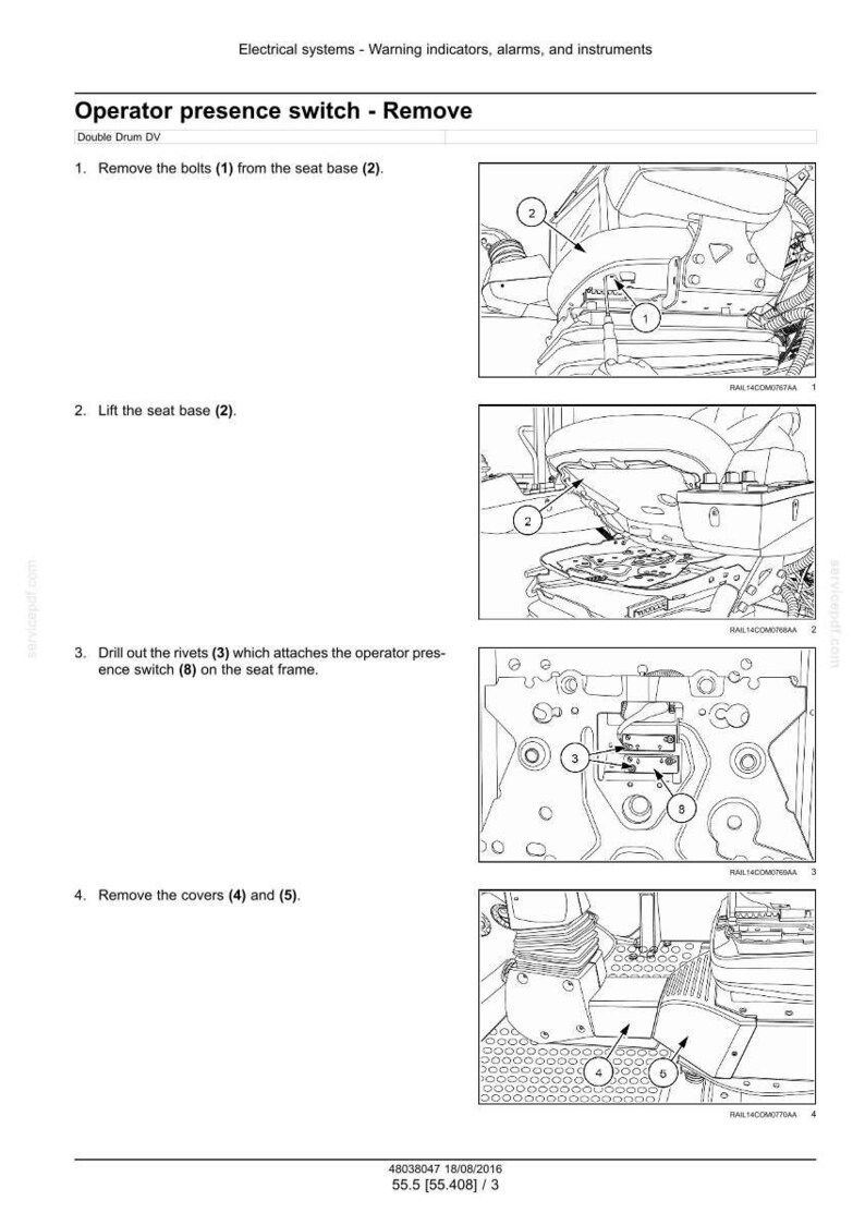 Puede incluir: Diagrama t&eacute;cnico que muestra el procedimiento para quitar un interruptor de presencia del operador. Las instrucciones incluyen quitar pernos, levantar la base del asiento, taladrar remaches y quitar cubiertas. Ilustraci&oacute;n t&eacute;cnica detallada.