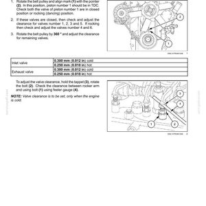 May include: Diagram of an engine's camshaft adjustment procedure. Instructions include rotating the belt pulley, checking valve clearance, and using a feeler gauge. Measurements are in inches and millimeters.