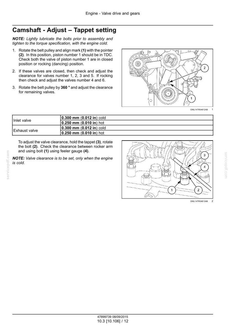 May include: Diagram of an engine's camshaft adjustment procedure. Instructions include rotating the belt pulley, checking valve clearance, and using a feeler gauge. Measurements are in inches and millimeters.
