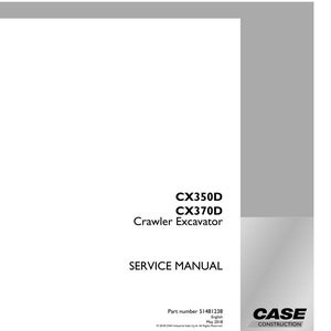 Pu&ograve; includere: Un manuale di servizio bianco con il testo "CX350D CX370D Crawler Excavator SERVICE MANUAL". Il logo Case Construction si trova nell'angolo in basso a destra. Numero parte 51481238.
