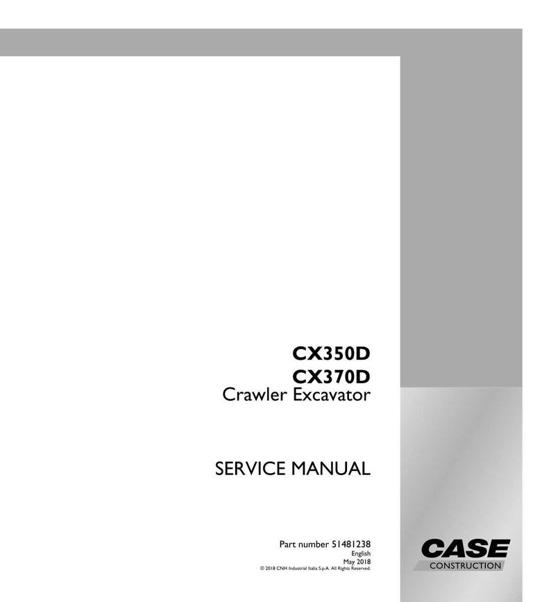 Pu&ograve; includere: Un manuale di servizio bianco con il testo "CX350D CX370D Crawler Excavator SERVICE MANUAL". Il logo Case Construction si trova nell'angolo in basso a destra. Numero parte 51481238.