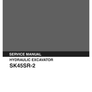 May include: A gray service manual for a Kobelco hydraulic excavator model SK45SR-2. The cover features the white Kobelco logo at the top, with the text SERVICE MANUAL, HYDRAULIC EXCAVATOR, and SK45SR-2 printed in white and black below.