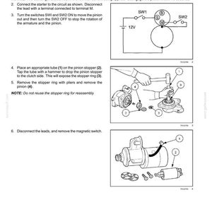 May include: Diagram of an engine starting system with labeled components and instructions. Includes a circuit diagram, and steps for disassembly and reassembly. Text includes safety notices and part numbers.