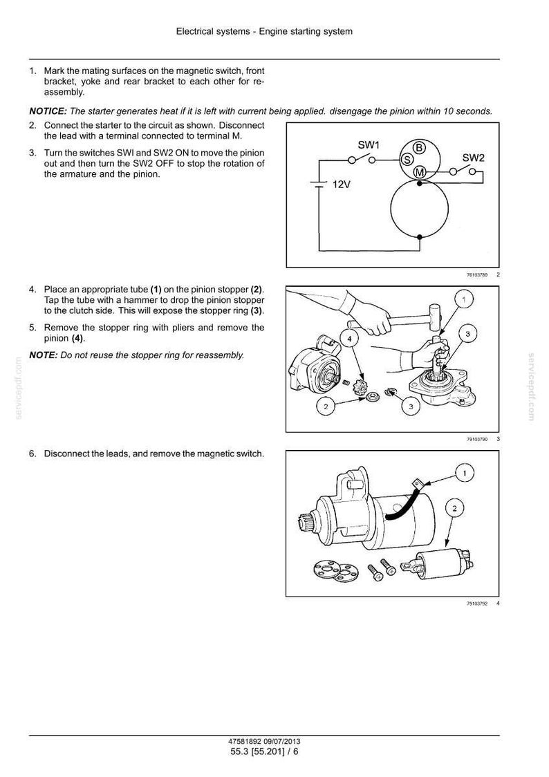May include: Diagram of an engine starting system with labeled components and instructions. Includes a circuit diagram, and steps for disassembly and reassembly. Text includes safety notices and part numbers.