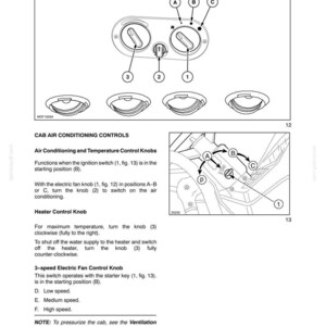 May include: Diagram of a cab air conditioning system with labeled controls. The image includes illustrations of knobs and switches, with labels for air conditioning, temperature, and fan speed settings. Text provides operational instructions.