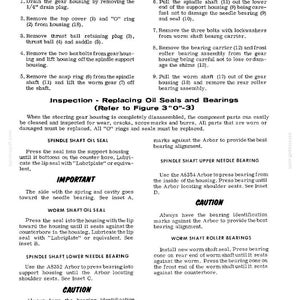 May include: A detailed technical diagram from a service manual, showing the disassembly and inspection of a steering gear for a tractor. Includes text instructions and diagrams for replacing seals and bearings. The document is printed on white paper.