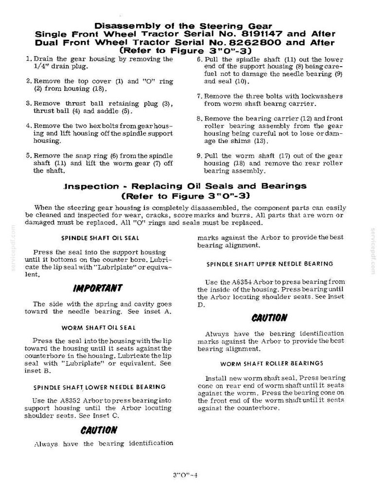 May include: A detailed technical diagram from a service manual, showing the disassembly and inspection of a steering gear for a tractor. Includes text instructions and diagrams for replacing seals and bearings. The document is printed on white paper.